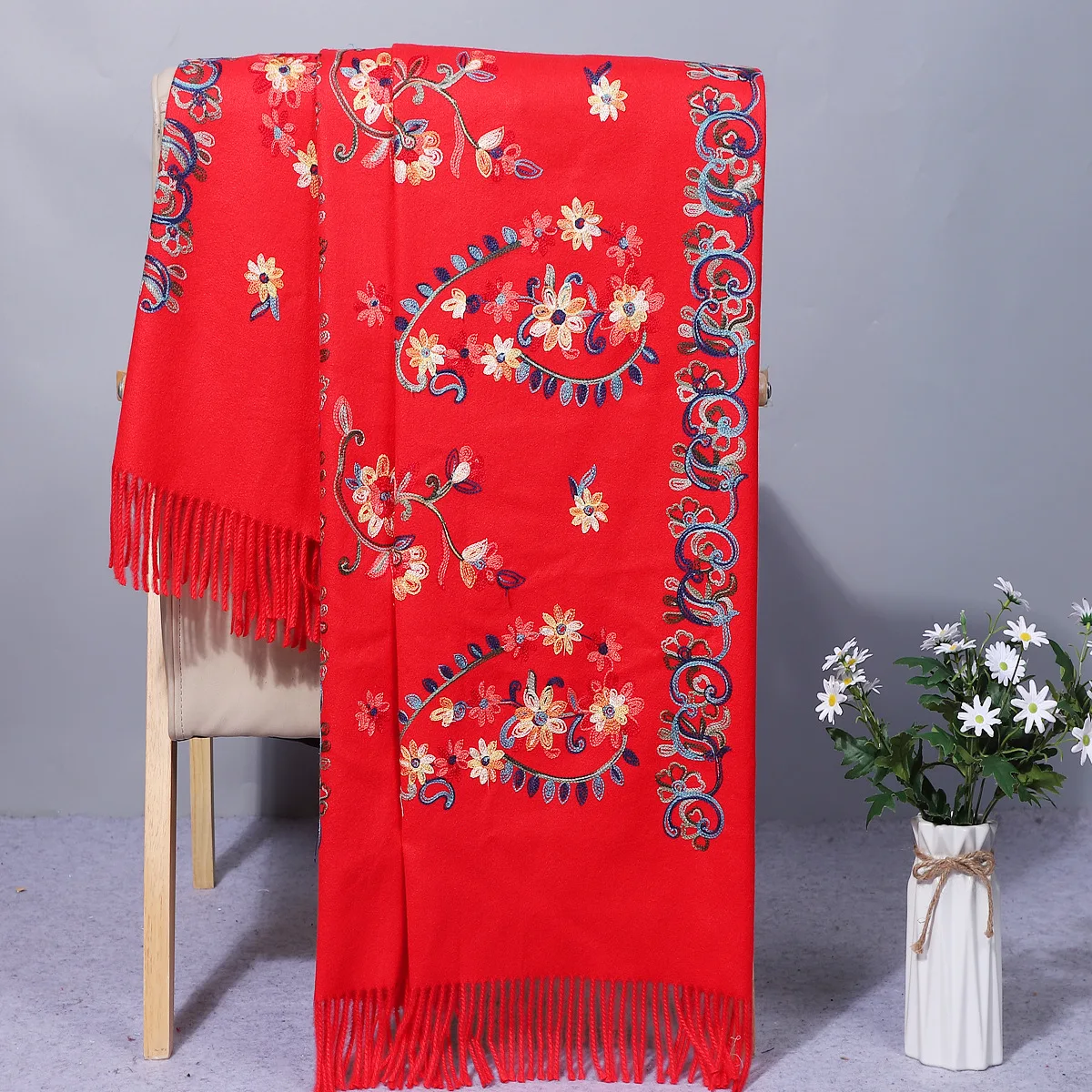 

Shawls Echarpes Women Scarf Embroidery Flower Pashmina Artificial Cashmere Cape Chal Oversize Muffler Mujer Bufanda With Tassels