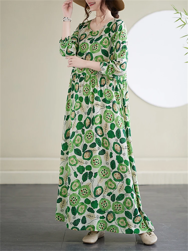 Cotton Vintage Long Green Print Dress Women 2025 New Spring Autumn Casual Loose Dresses Office Lady Femme Robe Vestidos Clothing