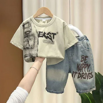 2-8 Years Boys Summer Clothing Set Letter Print Short Sleeved T-shirt+Denim Shorts 2Pcs Suit For Kids Handsome Casual Outfit 1