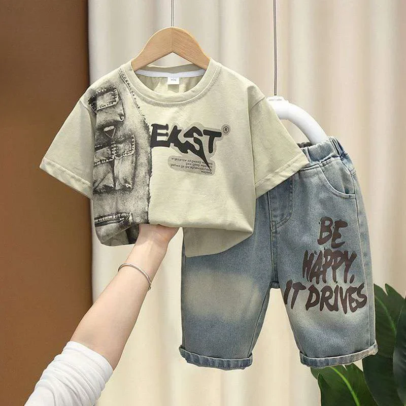 2-8 Years Boys Summer Clothing Set Letter Print Short Sleeved T-shirt+Denim Shorts 2Pcs Suit For Kids Handsome Casual Outfit