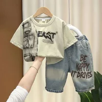 2-8 Years Boys Summer Clothing Set Letter Print Short Sleeved T-shirt+Denim Shorts 2Pcs Suit For Kids Handsome Casual Outfit
