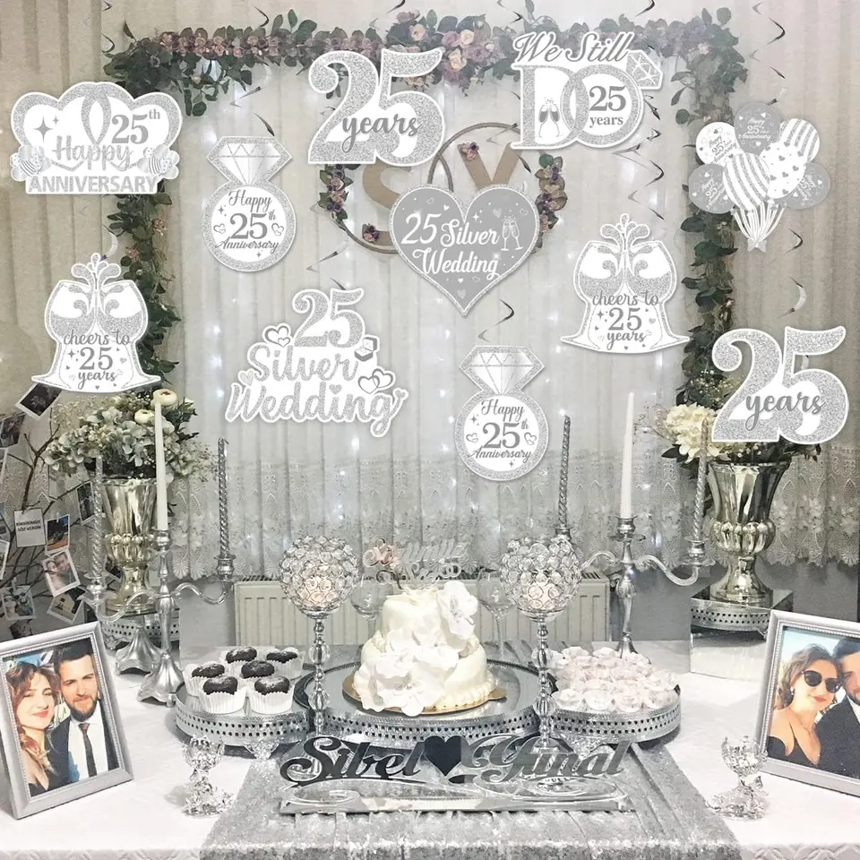 Silver 25th Anniversary Cake Topper - 7.3 Inch Wedding Anniversary Party Decorations