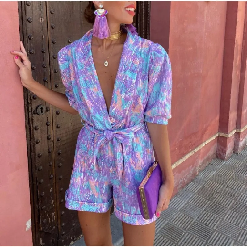 

Women's Lapel Printed Tie Up Jumpsuit Chic Short Sleeved V-neck Wide Leg Overalls 2024 Summer Lady Casual Office Rompers