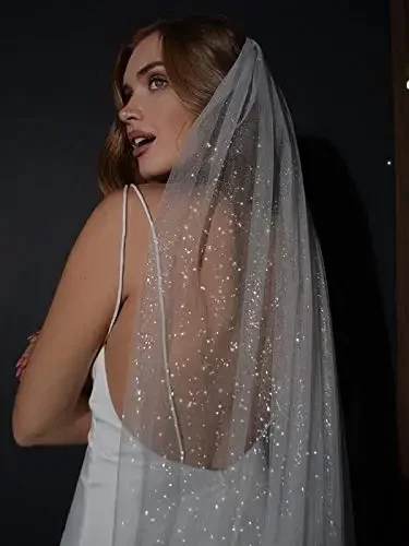 1 Tier Glitter Bride Wedding Veil Fingertip Bachelorette Party Veil Sparking Bridal Veil for Women and Girls (Ivory)