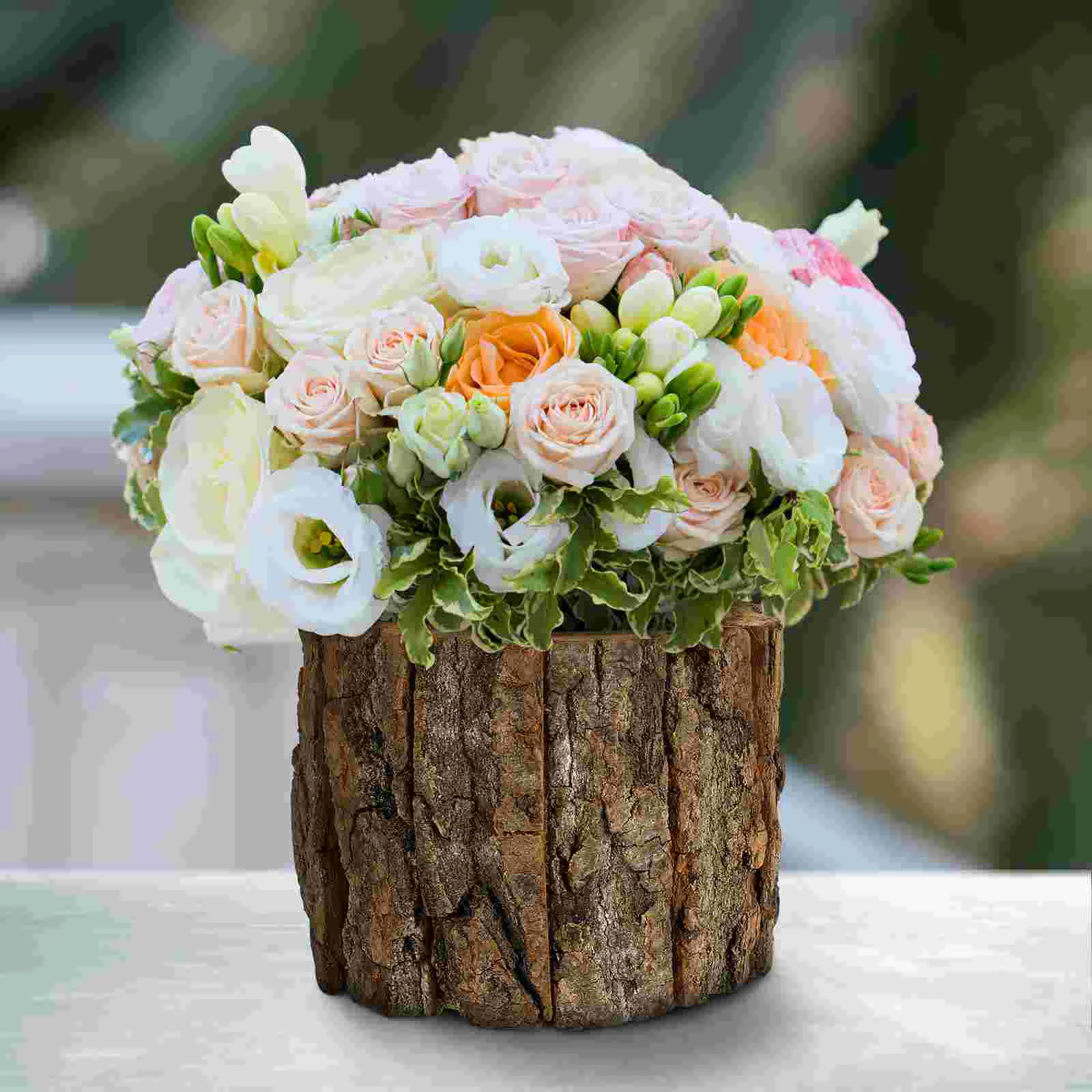 Cubo de flores impermeable, maceta rústica, macetas para plantas,  decoración de escritorio creativa Rural para interiores, contenedor de  madera para exteriores, corteza - AliExpress, image size:1600x1600