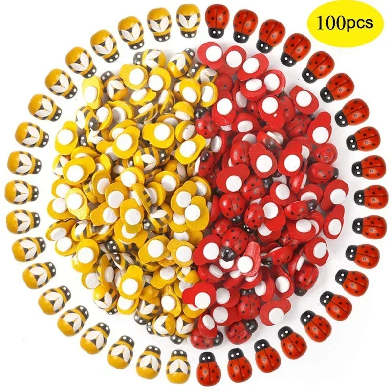 Self Adhisive Wooden Bumble Bees and Tiny Ladybugs for Crafts Scrapbooking DIY Party Home Garden Decoration 100pcs
