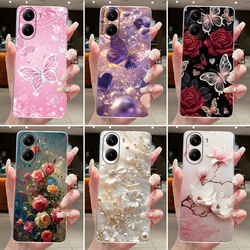 Housse pour Xiaomi Poco X7 Pro étui 5G antichoc clair luxe esthétique mode papillon fleur boîtier souple Silicone TPU pare-chocs