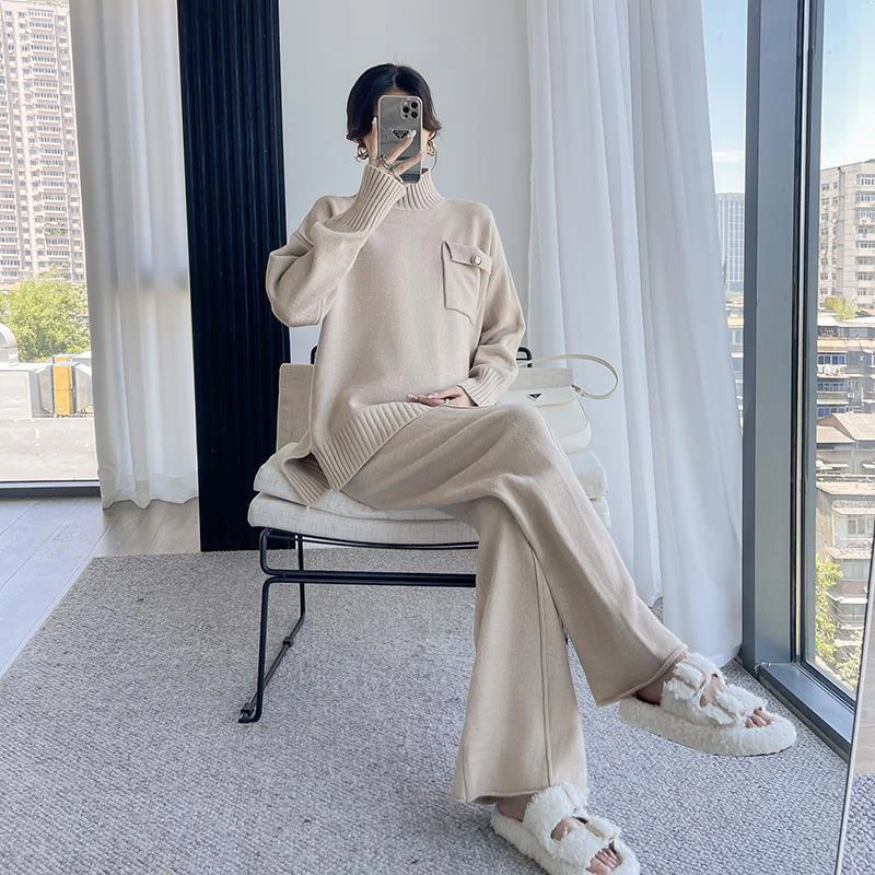 Medium High Neck Sweater Drape Knit Wide Leg Pants Maternity Two-piece Sets Solid Loose Classic Soft Warm Pregnant Women Suits