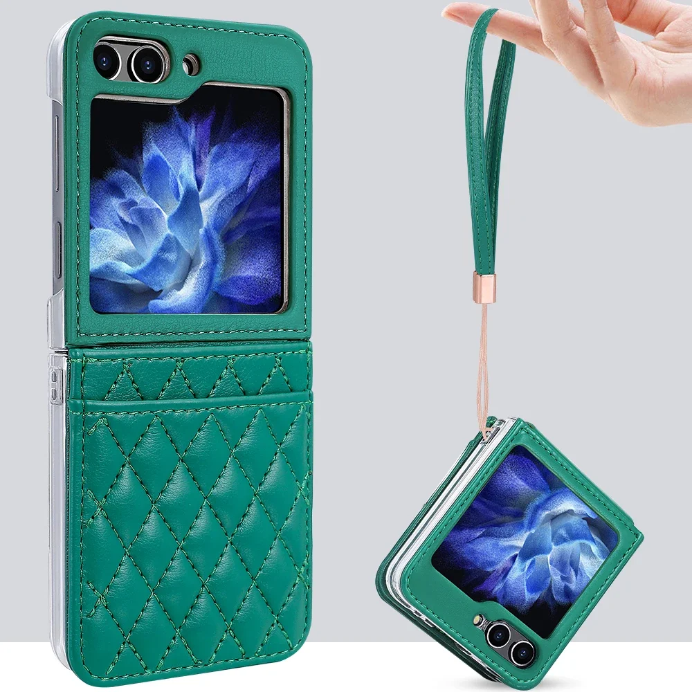 Luxury Vertical Cards Solt Leather Wallet Case for Samsung Galaxy Z Flip 6 5 4 3 5G Flip6 Flip5 Hand Strap Diamond Hinge Cover_voghion.com