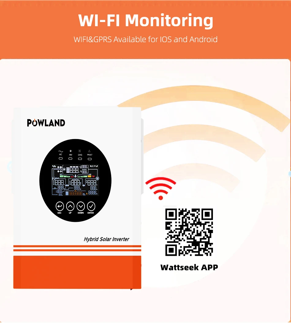 POWLAND 6,5KW Hybrid-Wechselrichter MPPT 48V 220V Max PV 500VDC 9000W Eingang 120A Solarladegerät BMS Photovoltaik-Wechselrichter mit Integriertem WIFI – Detail 7
