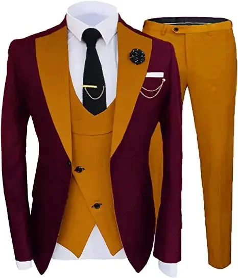 Burgundy Black Mens Suits  Fashion Slim Fit 3 Piece Wedding Tuxedos Elegant Party Blazer Vest Pants Set