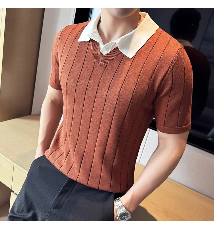 Thin Fashion Striped Lapel Knitted Polo Shirt, Fake Two-Piece Knitted Short-Sleeved T-shirt ~ Yellow Brown T-shirt 26 S3a19474176d64b31a1e4338f6e8c77cdP