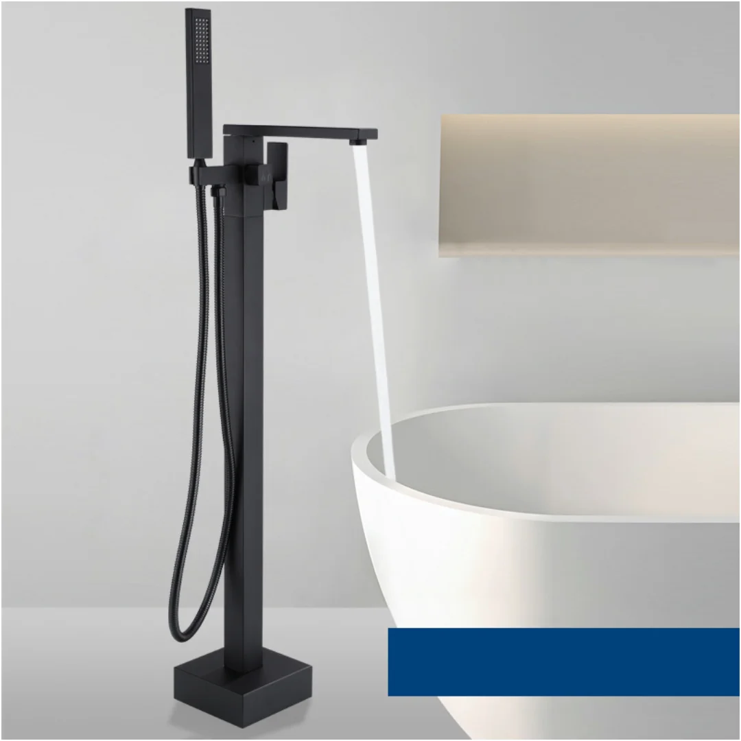Gold Freestanding Bathtub Faucet with Hand Shower Tub Filler Faucet Floor Mounted Single Handle Bath Filler Lead-Free Solid