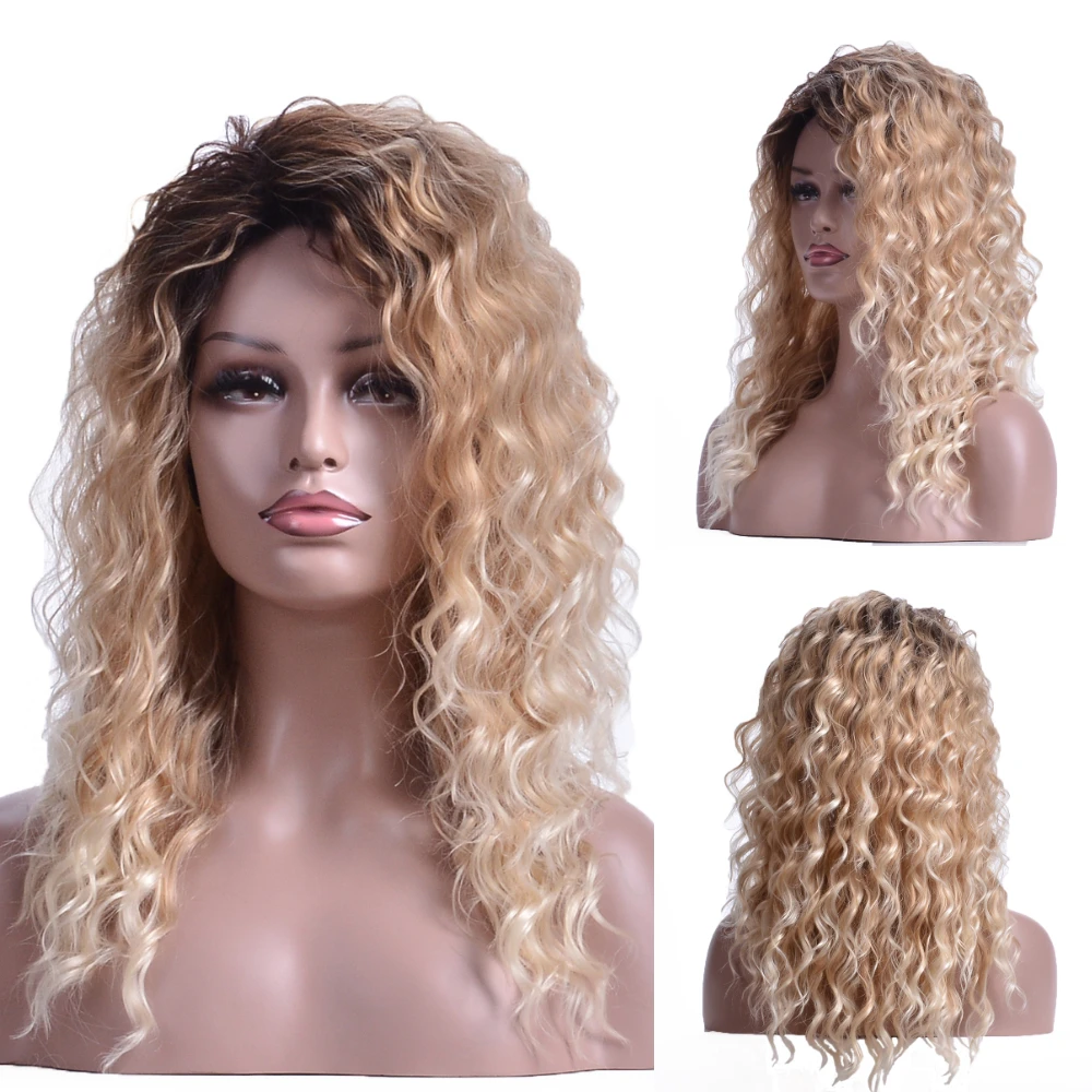 HANEROU Women Afro Curly Wig Blonde Ombre Long White Daily Wear High Temperature Fiber