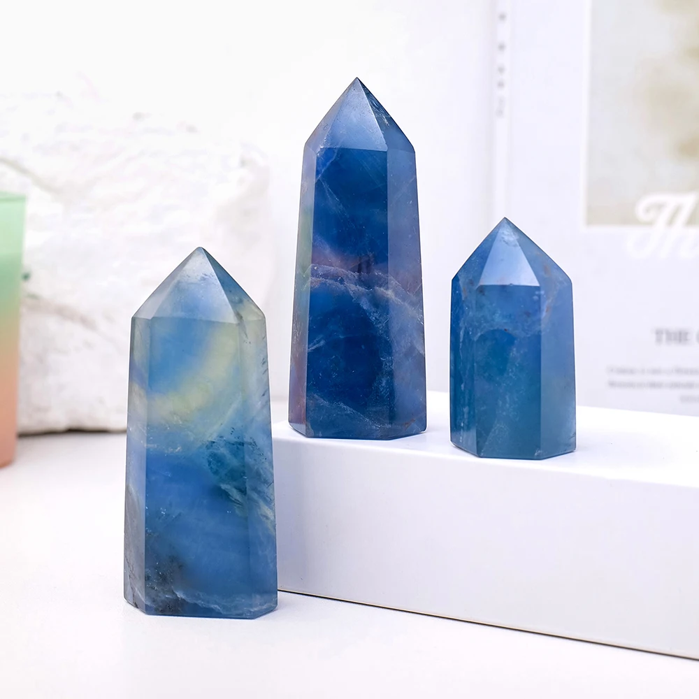 1PC Natural Crystal Blue Fluorite Point Wand Healing Gemstone Fluorite Crystal Column Quartz Tower Home Decoration 6