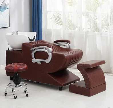 Shampoo bed barber shop shampoo bed shampoo chair flush ceramic basin hair salon hair salon net red deep basin leather