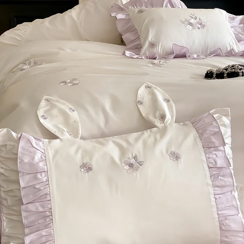 Delicate Flowers Embroidery Princess Bedding Set 1000TC Egyptian Cotton Duvet Cover Flat Fitted Sheet Pillowcases - King Size
