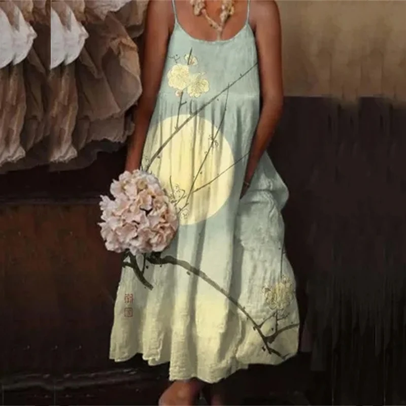 

Платье женское с открытыми плечами, пикантный свободный сарафан на бретелях, повседневный Пляжный пуловер с круглым вырезом, с принтом, на лето