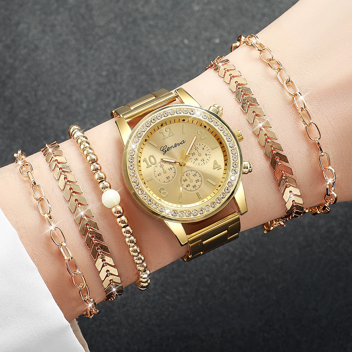 6PCs/Set Women's Watch Fashion Three Eye Dial Stainless Steel Strap Simple Quartz Watch Set with Gold Bracelet 2