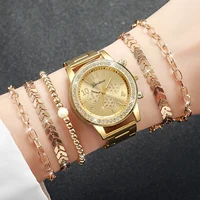 6PCs/Set Women's Watch Fashion Three Eye Dial Stainless Steel Strap Simple Quartz Watch Set with Gold Bracelet 2