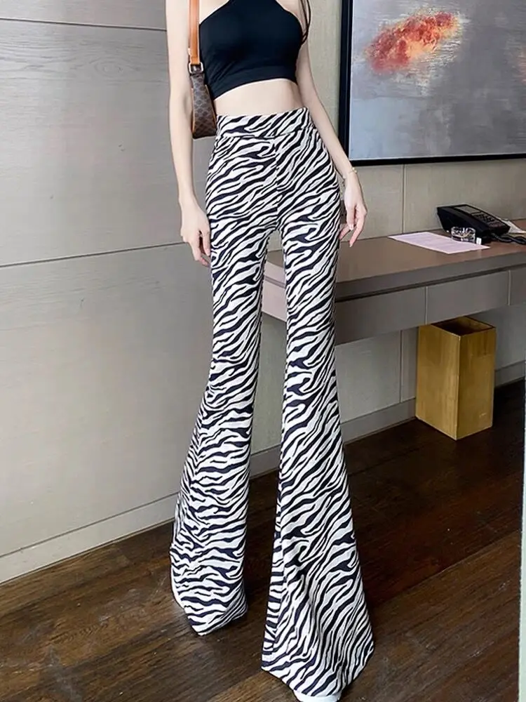 Zebra Pattern Print Big Flare Pants High Waist Club Leggings Hip Raising Athletic Tight Elastic Street Slim Activewear Trousers