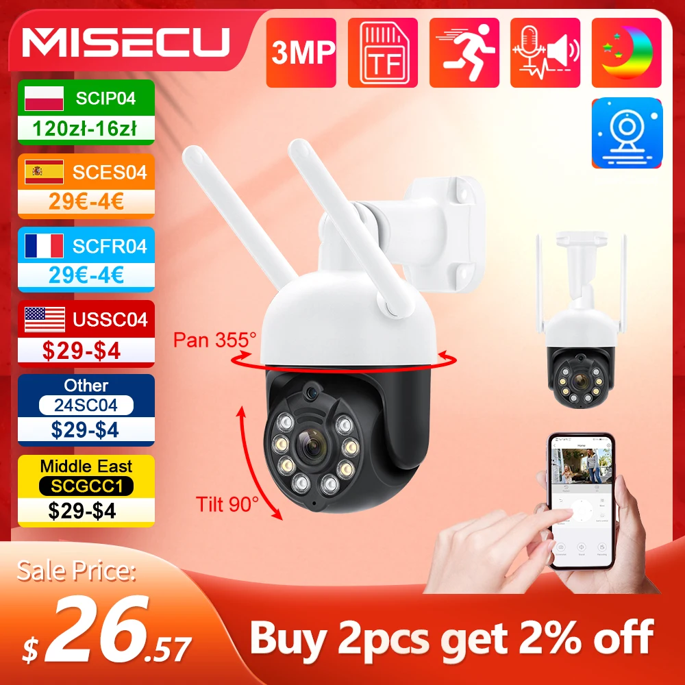 MISECU PTZ WIFI IP Dome Speed 3MP Camera Outdoor Waterproof P2P Wireless Surveillance Security CCTV Camera AI Auto Tracking