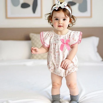 Adorable Infant Summer Romper with Delicate Floral Embroidery and Bow Detailing Perfect for Stylish Baby Girls 2