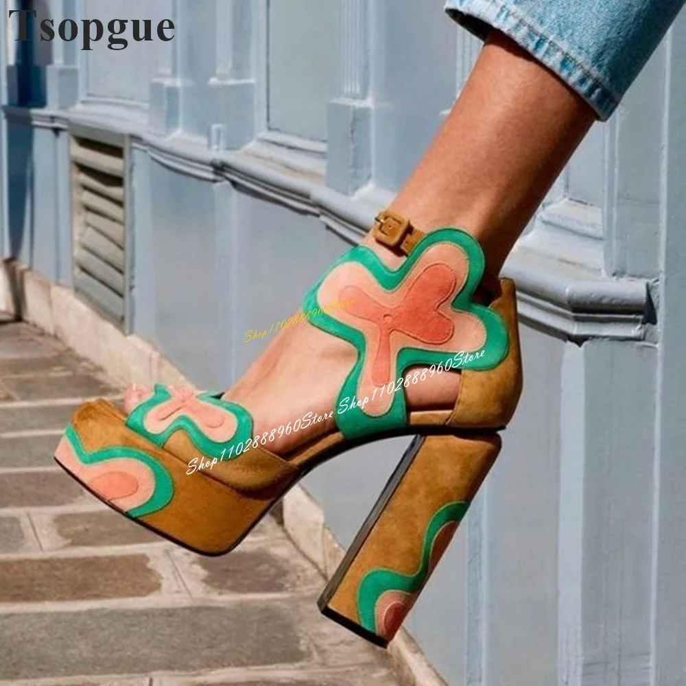 

Casual Mixed Color Flock Platform Splicing Sandals Thick Heel Women Shoes Ankle Buckle Strap Open Toe 2024 Zapatos Para Mujere