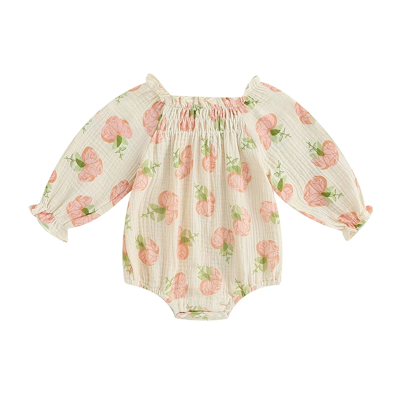 

Baby Girl Fall Romper Off Shoulder Long Sleeve Floral Print Smocked Bodysuit Newborn Playsuit