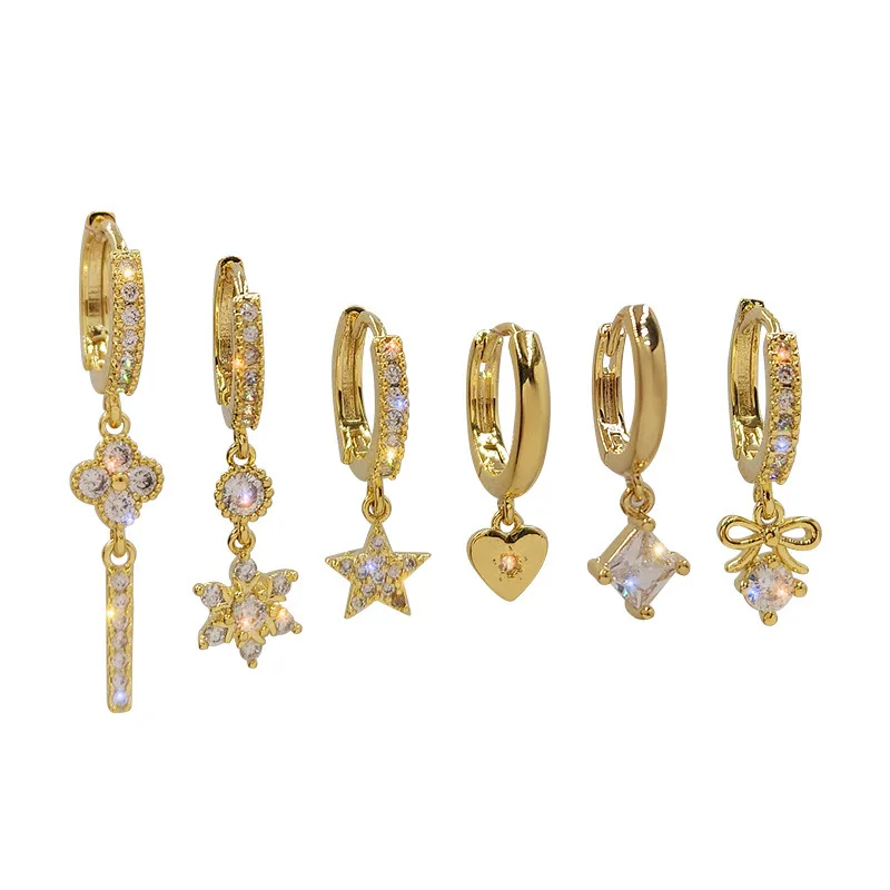Gold Color Geometric Pendant Hoop Drop Crystal Earrings for Women 6Pcs/Set
