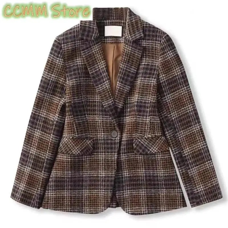 New autumn Wool Coat Retro British Style Modern Plaid Jackets Slim Waist Woolen Suit Jacket Lining Spring Blazer Female Out