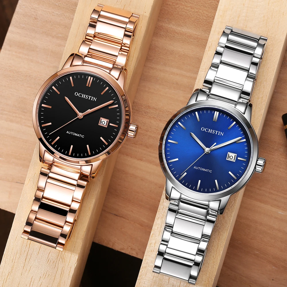 OCHSTIN Luxury Brand Silver Blue Automatic Mechanical Watch Auto Calendar Display Business Mens Wristwatch Stailness Steel Band