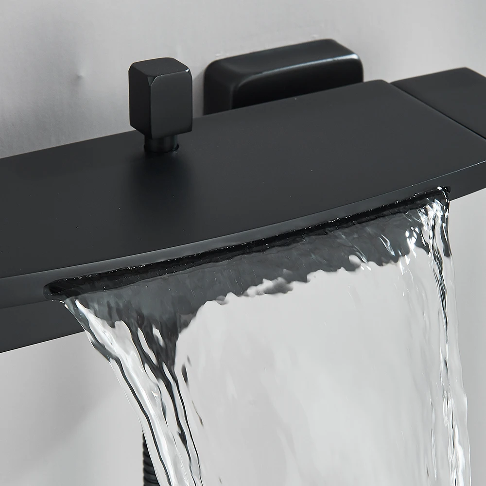 Black Waterfall Bathtub Shower Faucets Wall Mount Shower With Handheld Shower Mixer Tap Faucets Hot Cold Bath Shower Tap 4