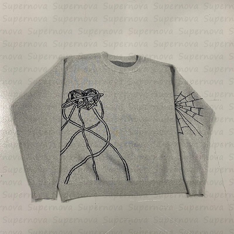 Vintage knit sweater Harajuku style cartoon character Jacquard pullover street sweater sweater for men and women Y2K clothing
