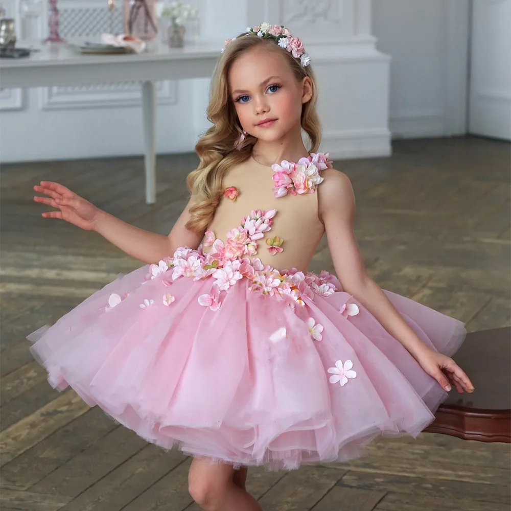 Pink Handmade Flowers Girl\'s Dress Puffy Tulle Knee Length Summer Spring New Birthday Party Gown