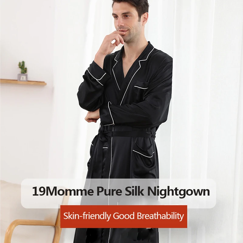 Men's 19 Momme Silk Nightgown 100 Real Silk Robes Men Pajamas Mulberry Silk Home Wear Bathrobes Nightwear Long Night Dress pajama bottoms