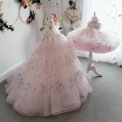 Cute Handmade Bow Belt Bead Flower Girls Dresses Princess Child Ball Gown Kids Formal Special Occasion Custom