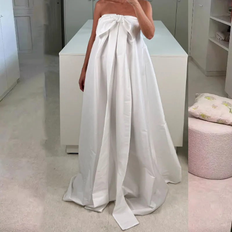

Sexy Strapless Pleated Party Dress Bow Lace Up High Waist Swing Long Dress Ladies Elegant Off Shoulder Solid Color Evening Dress