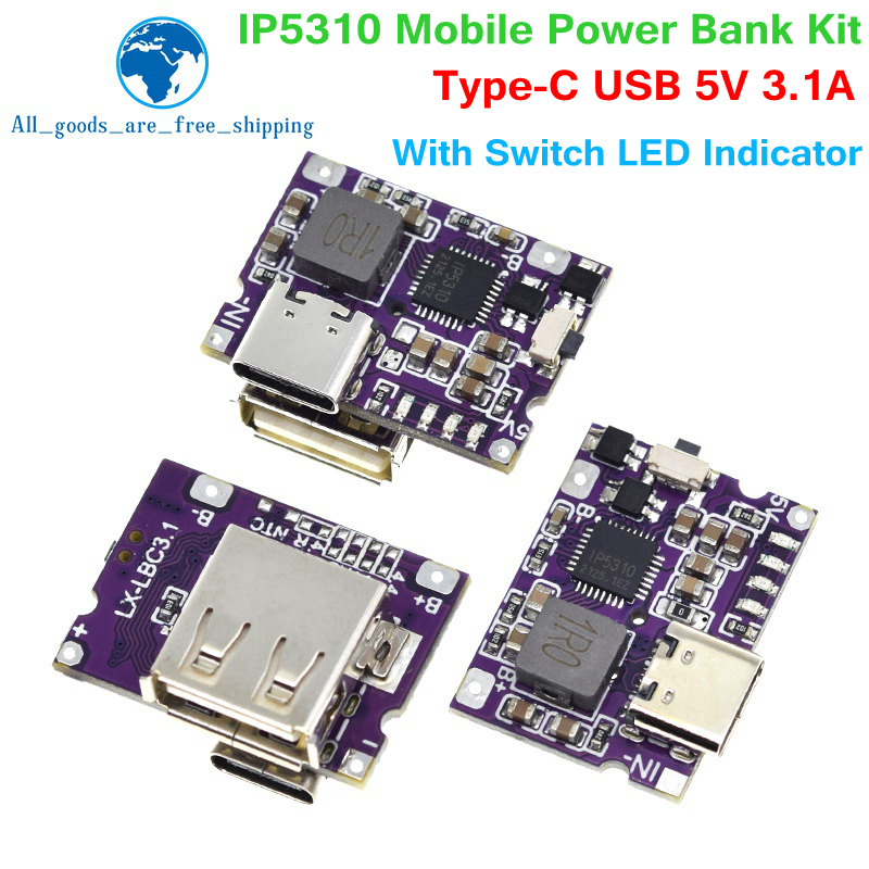 TZT Type-C USB 5V 3.1A Boost Converter Step-Up Power Module IP5310 Mobile Power Bank Accessories With Switch LED Indicator