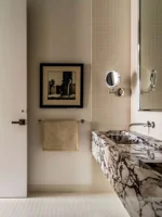 ห้องน้ํา Calacatta Viola หินอ่อนอ่างล้างจานคู่อ่างล้างหน้าผงหินอ่อน Room อ่างล้างหน้าขนาดใหญ่แขวนผนังอ่างล้างจานลอย Vanity 3