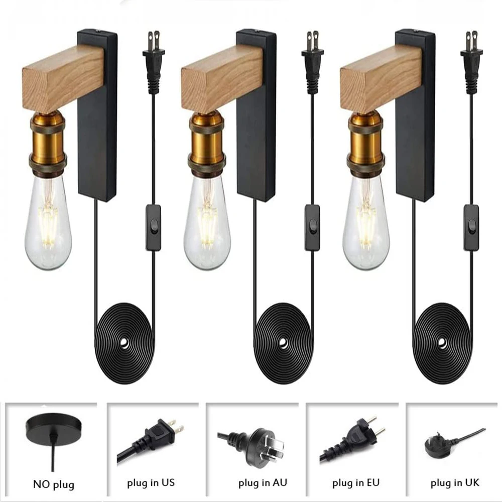 

3 Pack Wall Light Plug In Adjustable Cord Wall Sconce with Rustic Wood and Copper Lamp Holder Vanity Wall Lamp for Bathroom