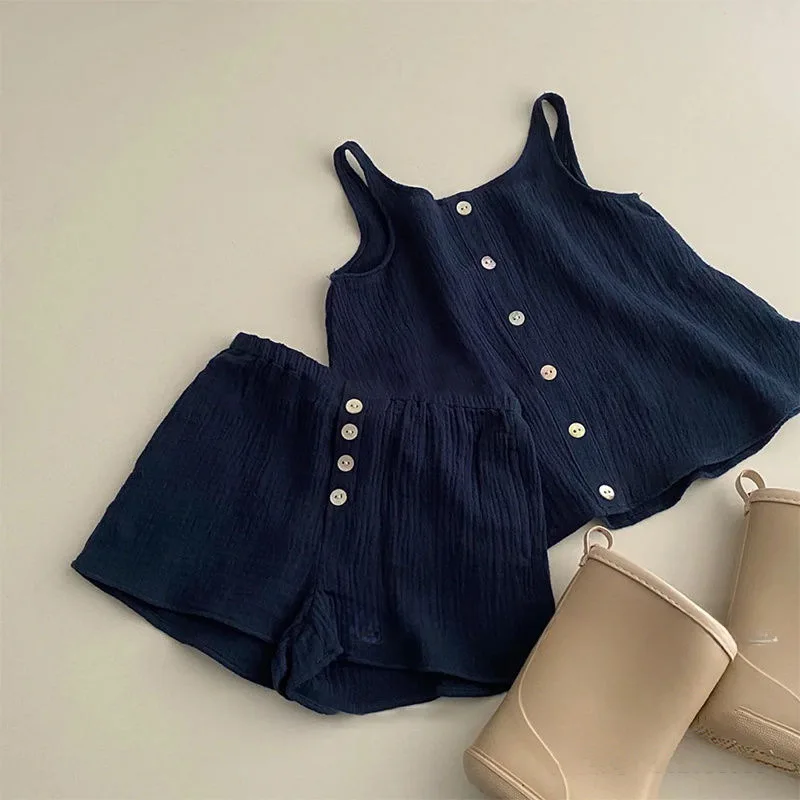 

Korean Girls Summer Clothes Set Children Linen Cotton Sling Blouses Shorts 2Pcs Baby Girl Outfit