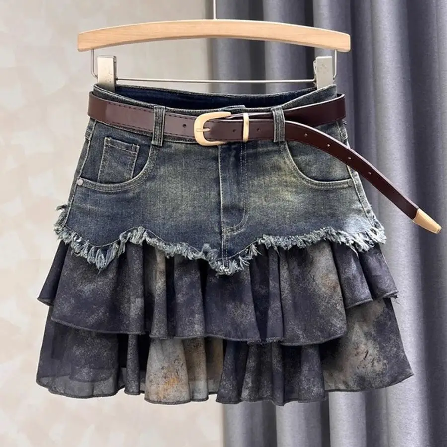 Spliced Denim Skirt for Women, Layered Cake Skirt, New Versatile High-waisted Slimming A-line Short Skirt
