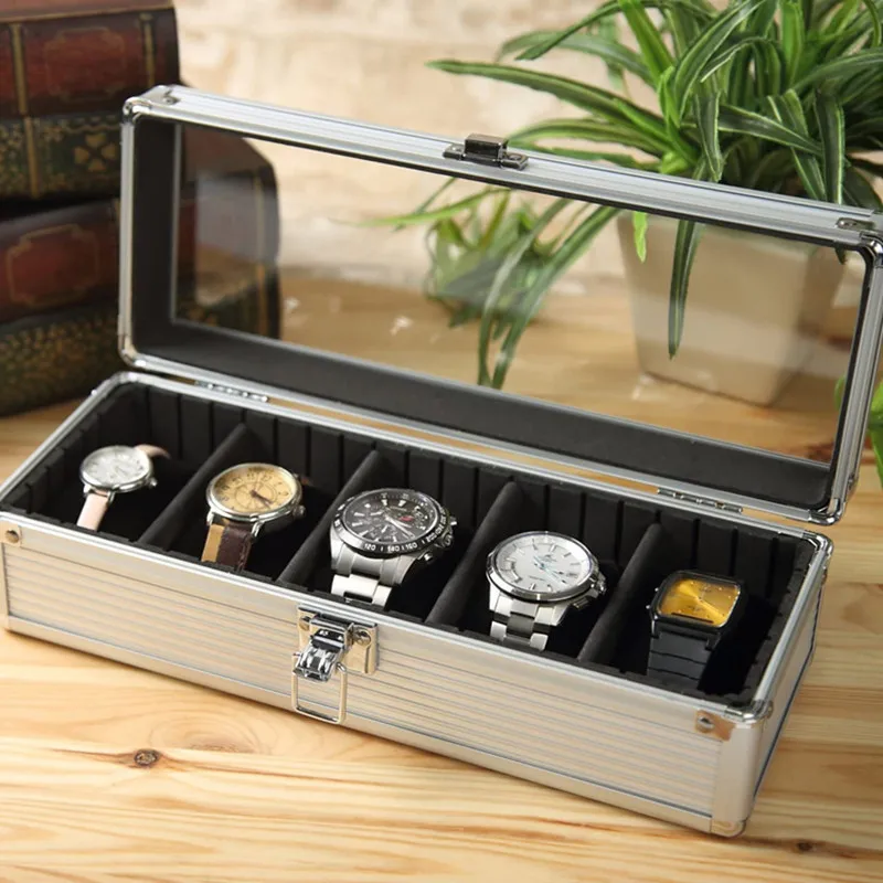 Watch Box Aluminium Alloy Watch Case with Lock Metal Fall Protection Material Portable Velvet Luxurious Watches Organizer 5 Seat