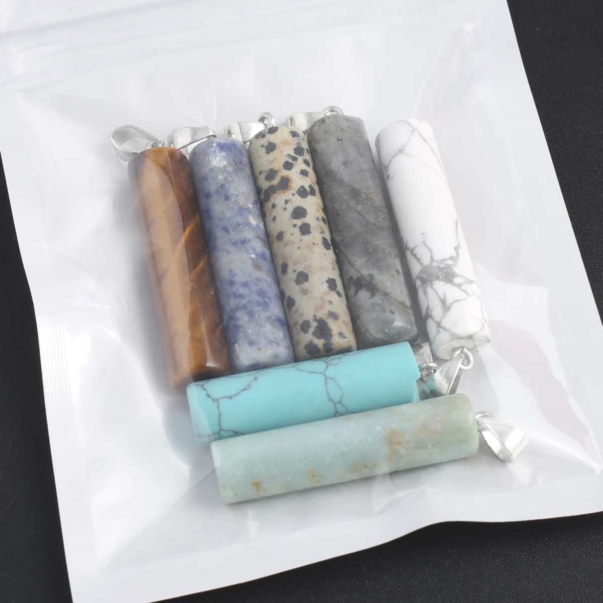 10PCS Natural Stone Sodalite Flash Labradorite Amazonite Random Color Cylindrical Pendant DIY Making Necklace Accessories Gift