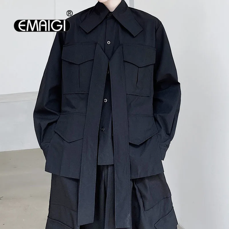 

Men 3D Collar Ribbon Pocket Long Sleeve Loose Casual Shirts Male Japanese Harajuku Streetwear Fashion Shirts Tops Man
