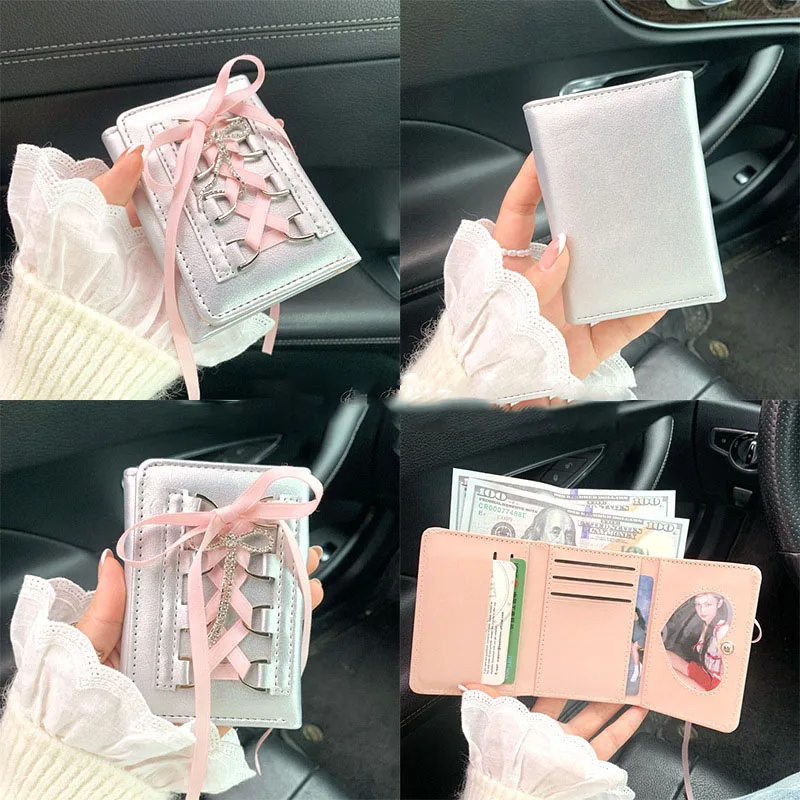 Silver Sweet Bow Wallets Women Y2k Designer Original Fashion Short Coin Purse Korean Style Casual New Cute Girls Mon