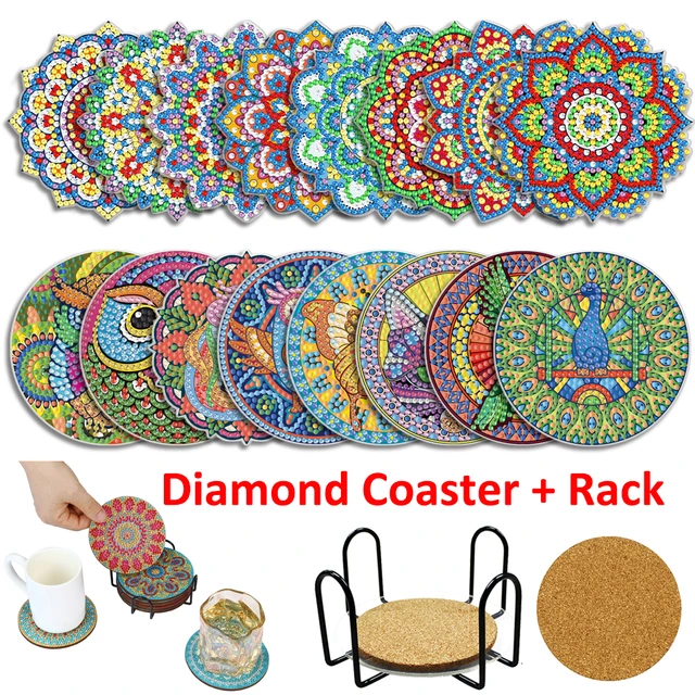 6PCS Diamond Painting Coaster Set Sunset Beach Rhinestones Wooden Table  Saucer