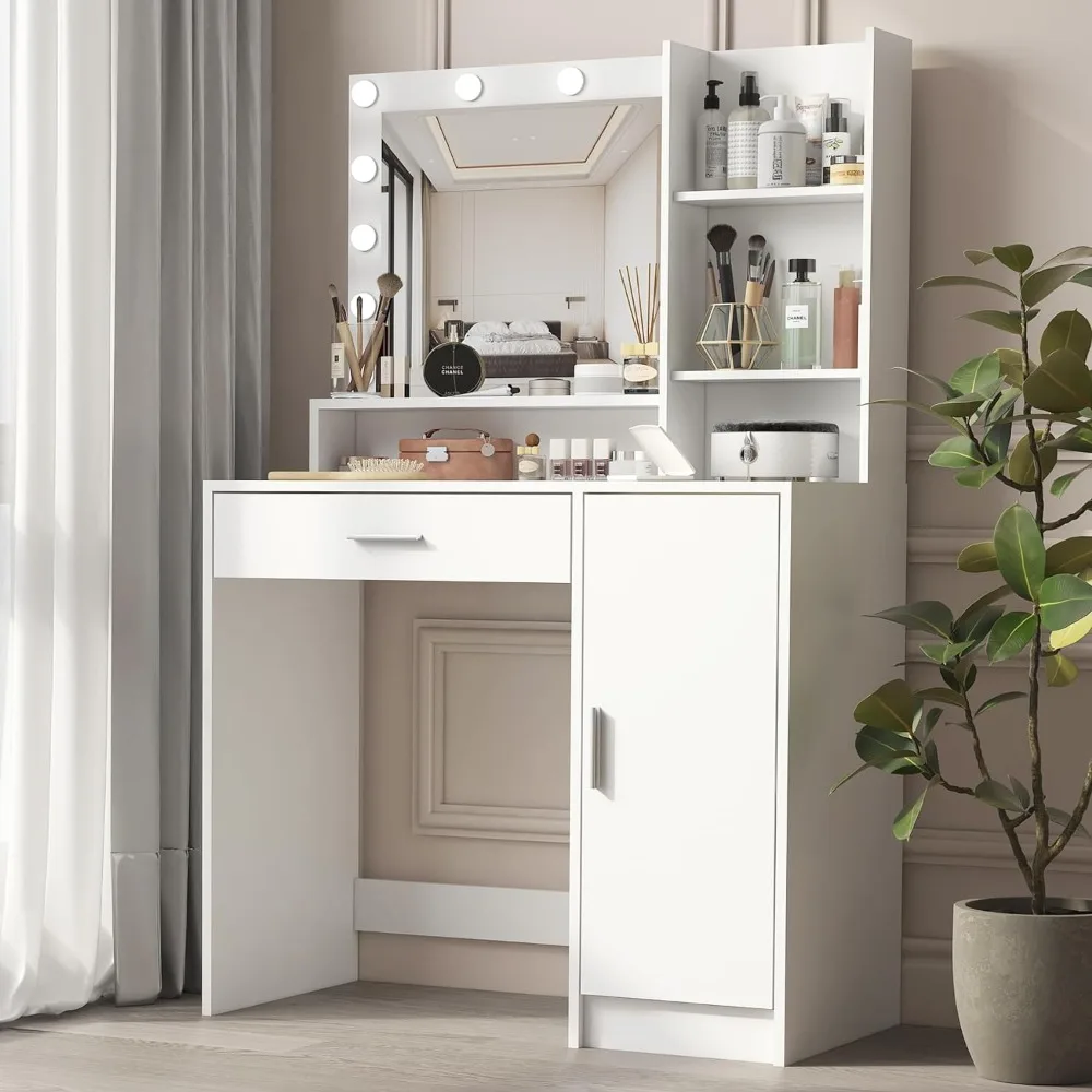 Vanity Desk with Mirror & Light, Large Drawer & Three Level Storage Dresser, 3 Lighting Modes Adjustable Brightness