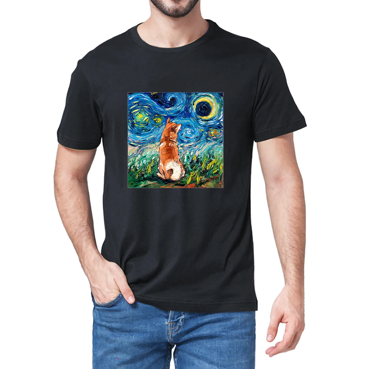 

Unisex 100% Cotton Japanese Shiba Inu Dog Night Ukiyoe Print Men's Novelty Oversized T-Shirt Women Casual Harajuku Streetwear